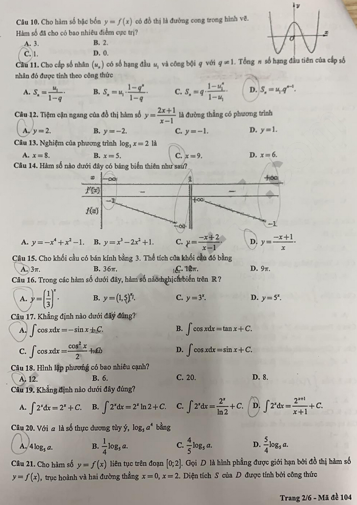 Đề thi thử Toán Hà Nội 2024 lớp 12 - mã đề 104