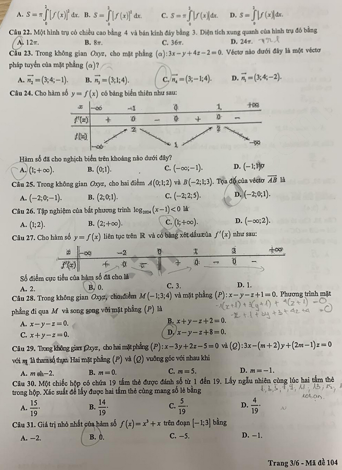 Đề thi thử Toán Hà Nội 2024 lớp 12 - mã đề 104