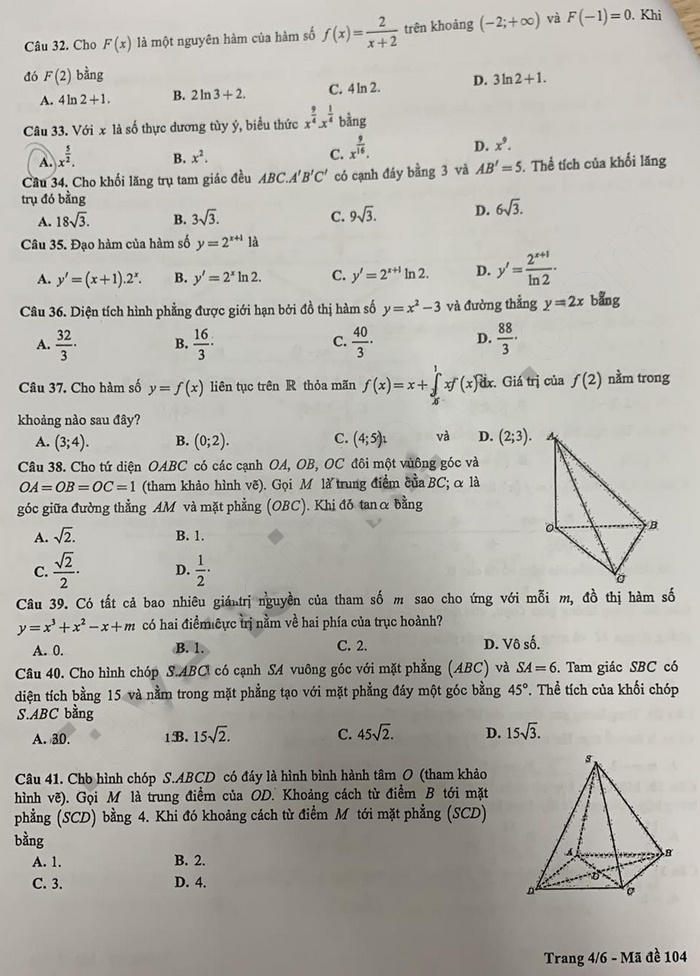 Đề thi thử Toán Hà Nội 2024 lớp 12 - mã đề 104