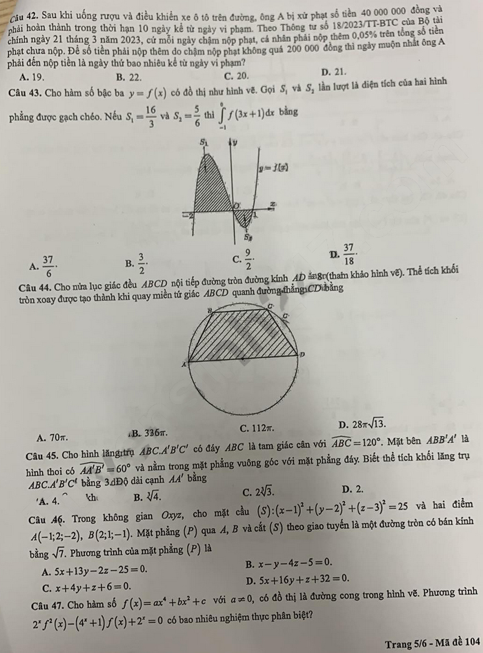 Đề thi thử Toán Hà Nội 2024 lớp 12 - mã đề 104