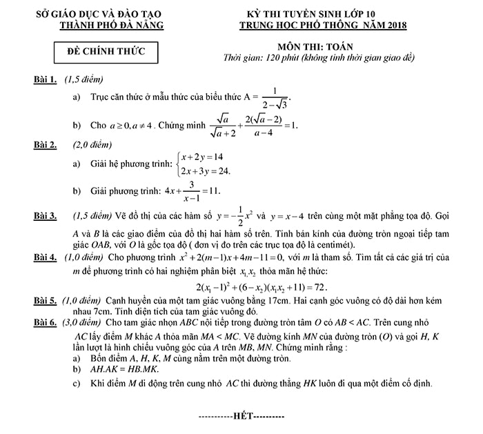 Đề thi vào 10 môn Toán Đà Nẵng 2018
