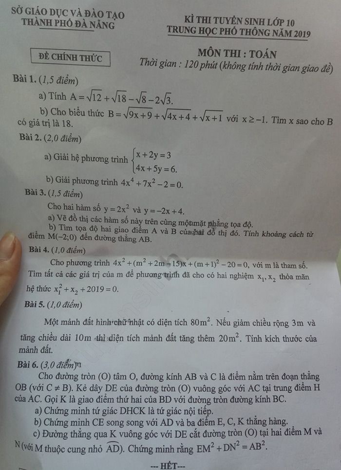 Đề thi vào 10 môn Toán Đà Nẵng 2019