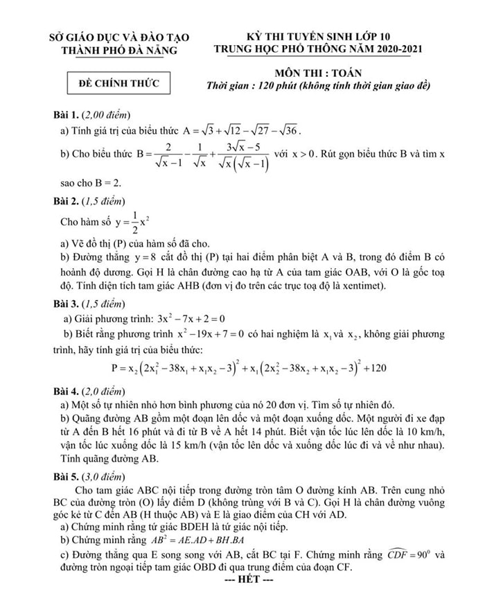 Đề thi vào 10 môn Toán Đà Nẵng 2020
