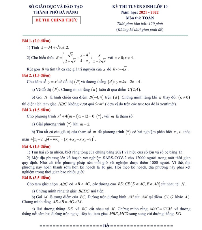 Đề thi vào 10 môn Toán Đà Nẵng 2021