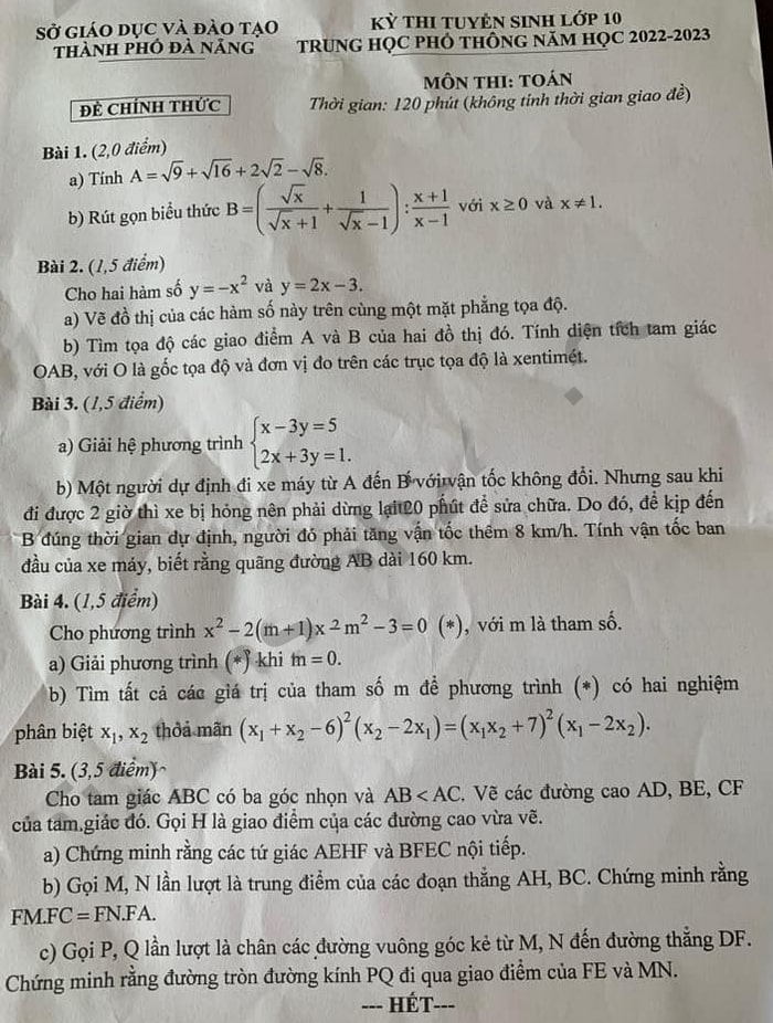 Đề thi vào 10 môn Toán Đà Nẵng 2022