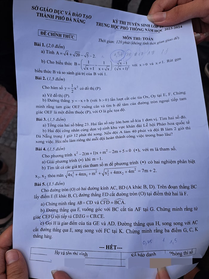Đề thi vào 10 môn Toán Đà Nẵng 2023