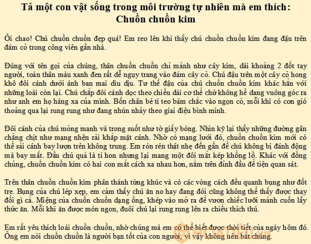 Tả một con vật sống trong môi trường tự nhiên mà em thích