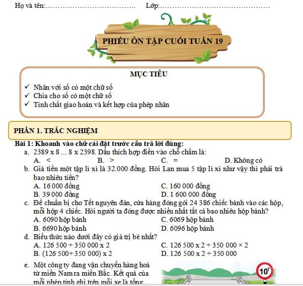 Bài tập cuối tuần Toán lớp 4 Kết nối tri thức 