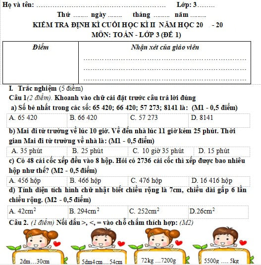 Đề thi Toán lớp 3 học kì 2