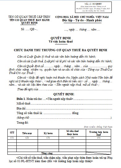 Mẫu quyết định về việc hoàn thuế 