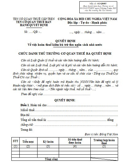 Mẫu quyết định về việc hoàn thuế kiêm bù trừ thu ngân sách Nhà nước