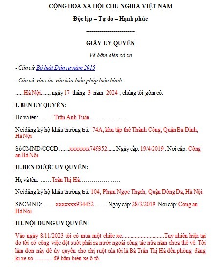 Giấy ủy quyền bấm biển số xe máy, ô tô và cách viết mới nhất
