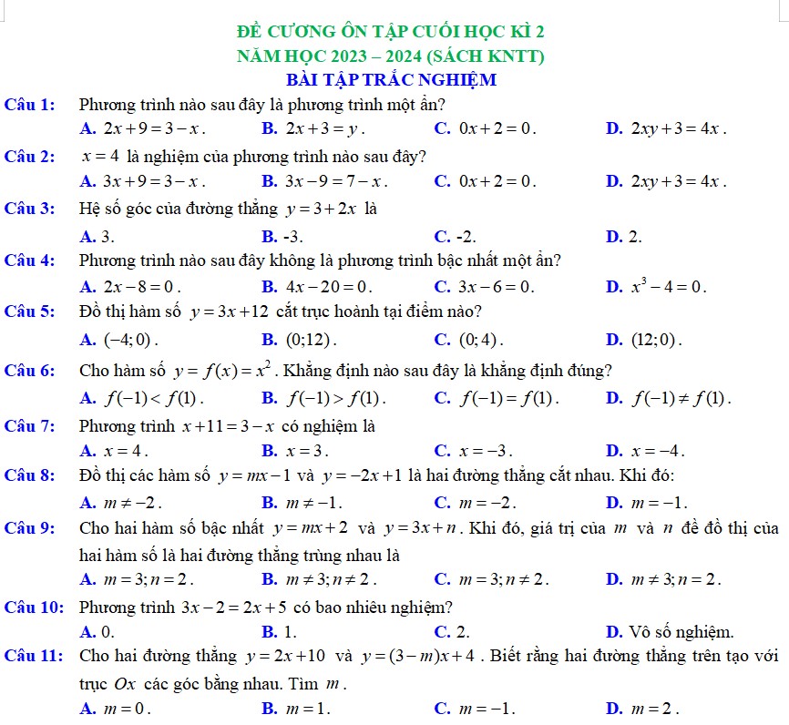 Đề cương ôn tập cuối kì 2 Toán 8 KNTT