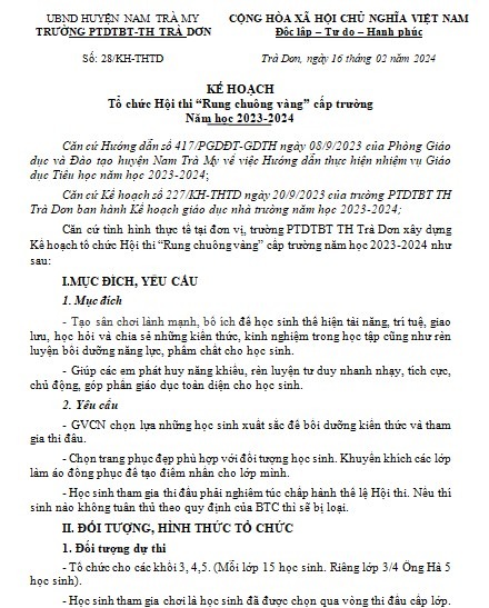 kế hoạch tổ chức hội thi Rung chuông vàng Tiểu học