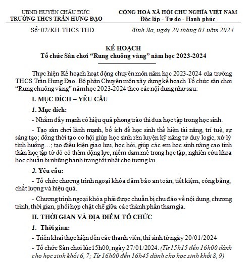 Kế hoạch tổ chức hội thi Rung Chuông Vàng cấp THCS