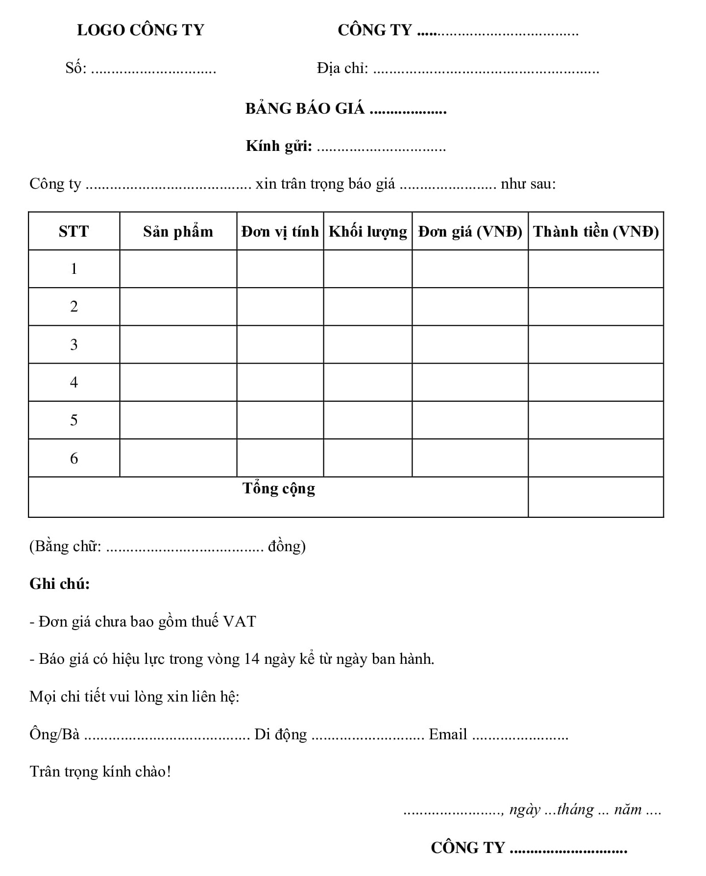 Mẫu báo giá sản phẩm 2024