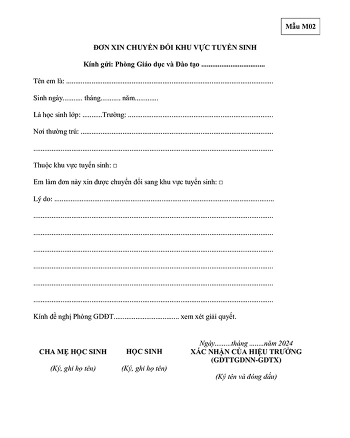 Mẫu đơn xin đổi khu vực tuyển sinh lớp 10
