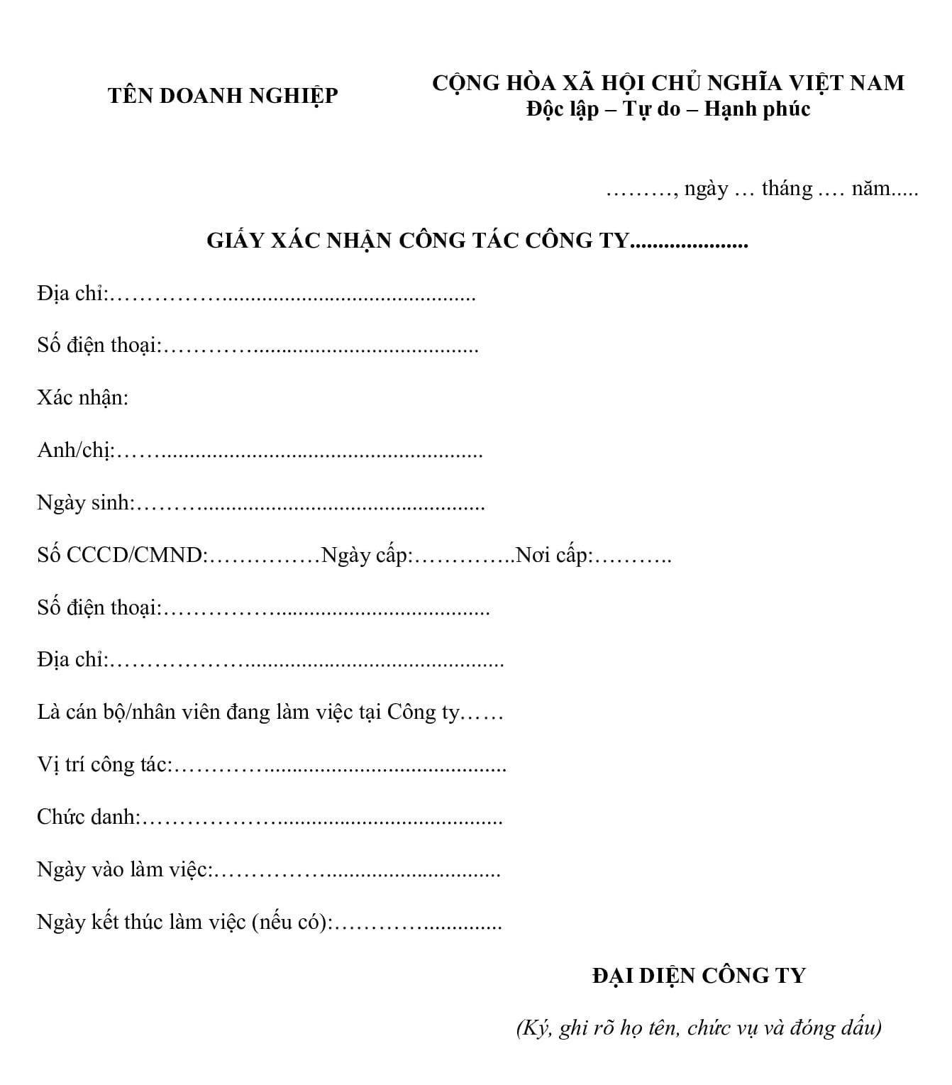 Giấy xác nhận nhân viên đang làm việc của cơ quan đơn vị doanh nghiệp