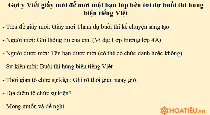 Dàn ý Viết giấy mời để mời một bạn lớp bên tới dự buổi thi hùng biện tiếng Việt