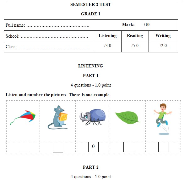 Đề kiểm tra Tiếng Anh lớp 1 học kì 2 Smart Start