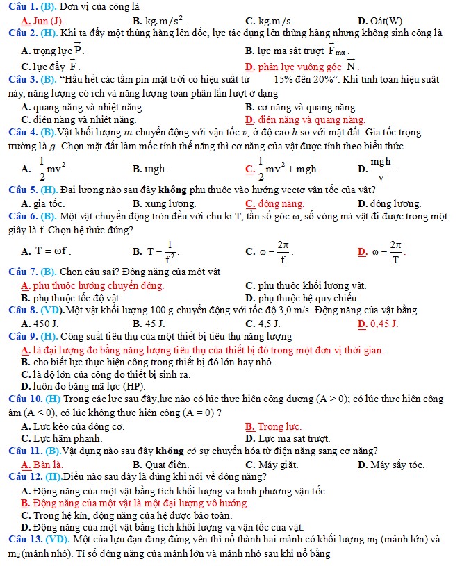 Đề thi Vật lí 10 cuối học kì 2 có đáp án