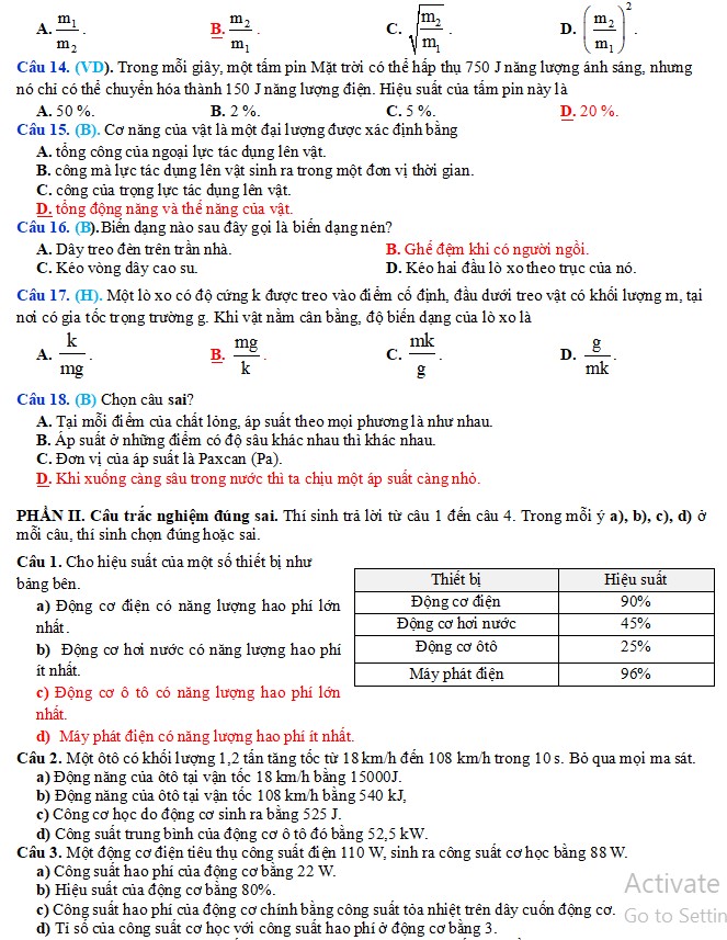 Đề thi Vật lí 10 cuối học kì 2 có đáp án