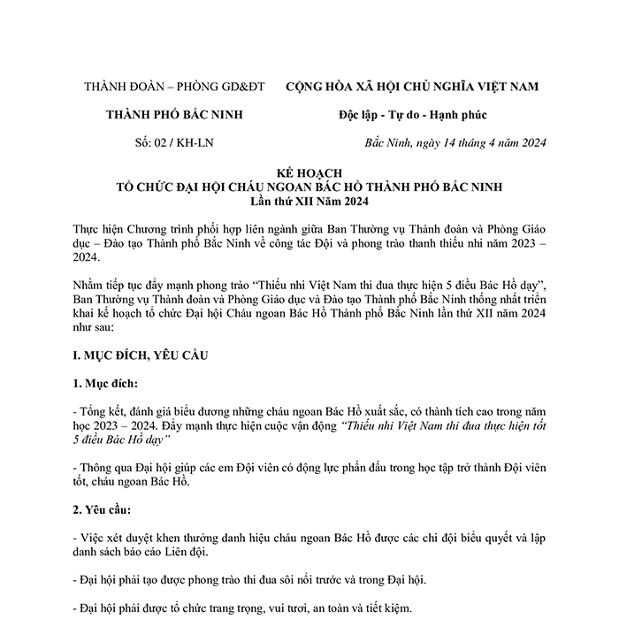 Kế hoạch tổ chức Đại hội cháu ngoan Bác Hồ 2024