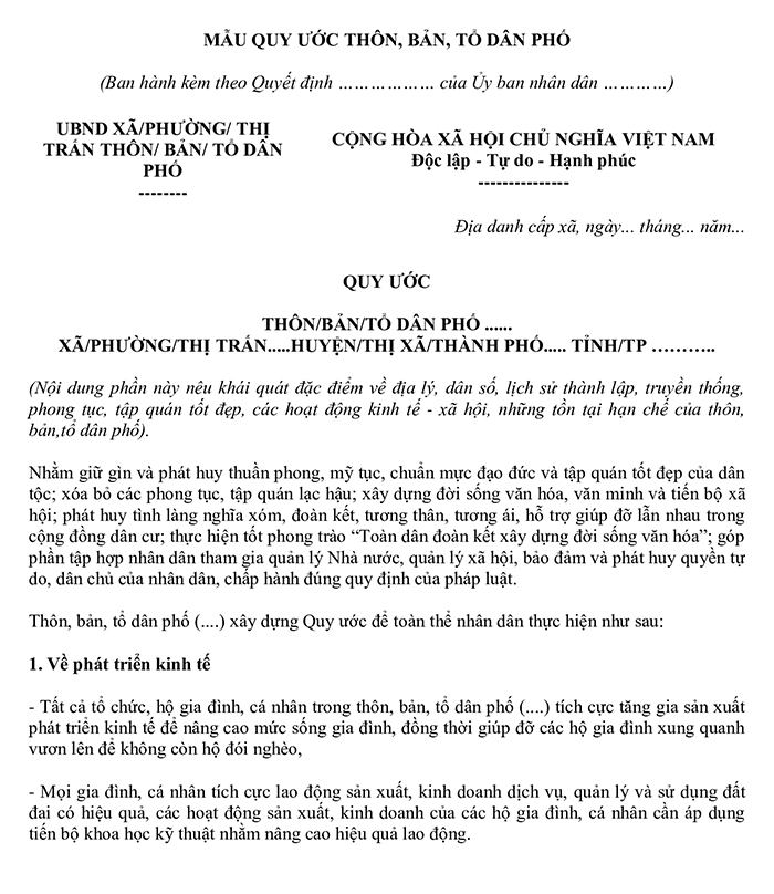 Mẫu quy ước thôn, bản, tổ dân phố văn hóa mới nhất 2024
