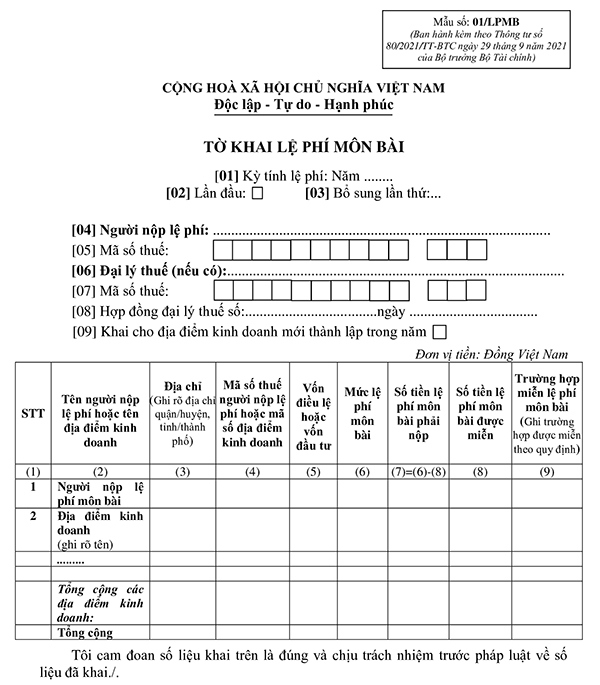 Mẫu 01/LPMB Tờ khai lệ phí môn bài theo Thông tư 80