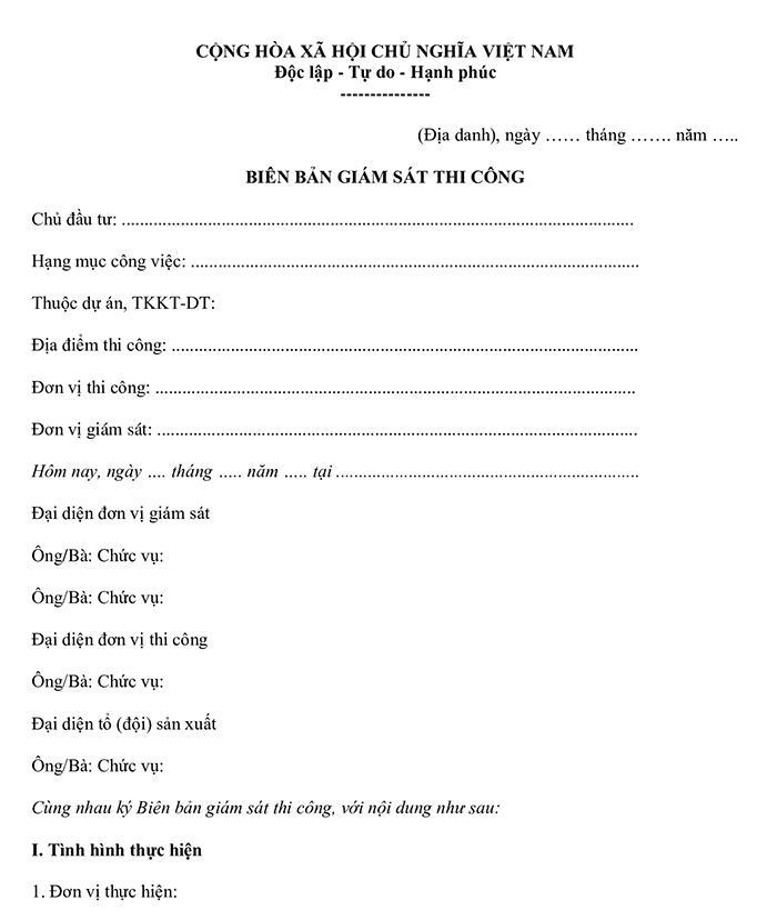Mẫu biên bản giám sát công trình mới nhất 2024