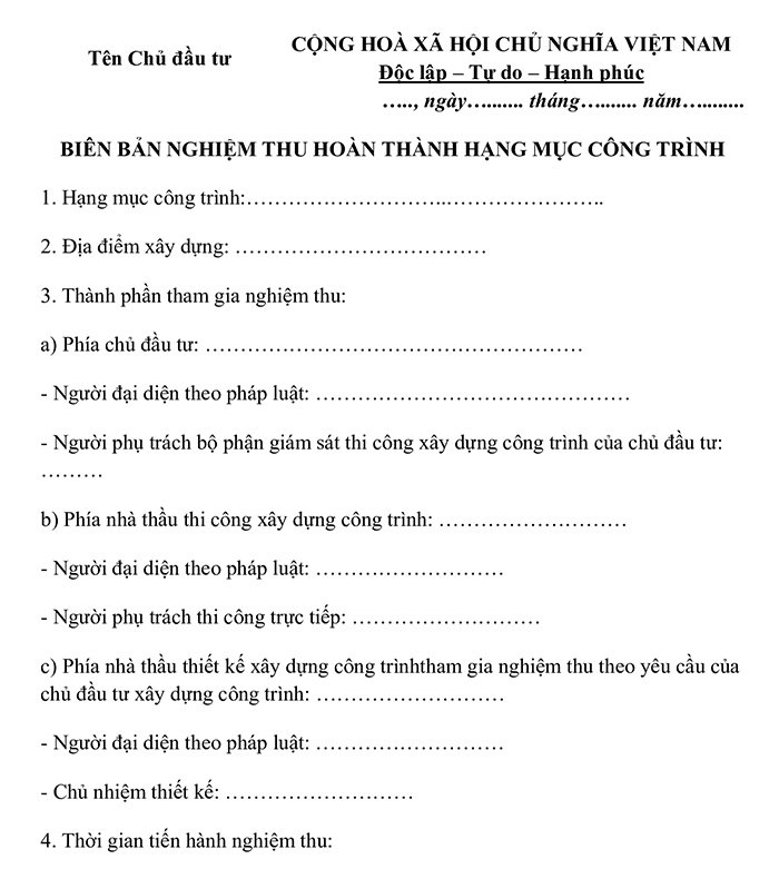 Biên bản nghiệm thu hạng mục công trình