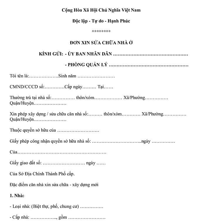 Mẫu đơn xin sửa chữa nhà viết tay