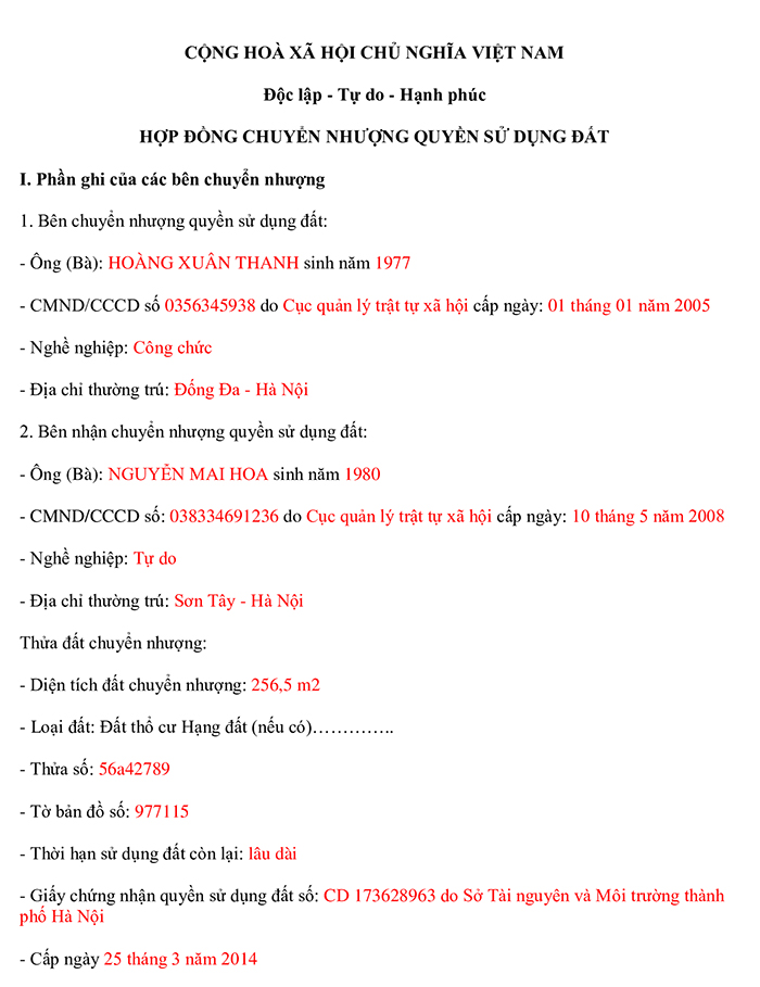 Mẫu đơn chồng chuyển nhượng đất cho vợ