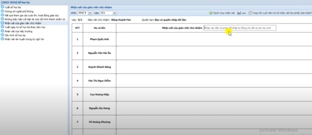 Nhập nhận xét học bạ trên Vnedu