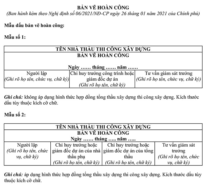Bản vẽ hoàn công mới theo Nghị định 06/2021