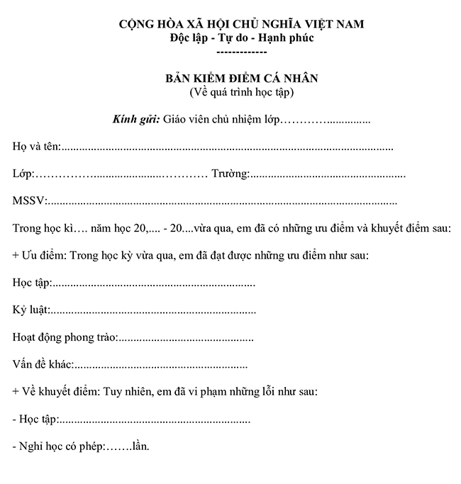 Bản kiểm điểm quá trình học tập của sinh viên