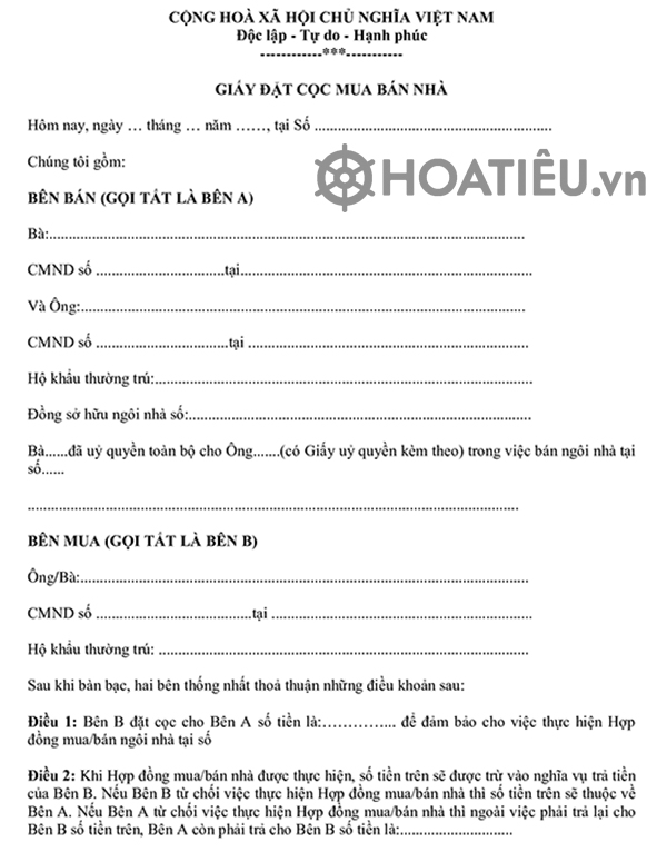 Mẫu giấy đặt cọc mua bán nhà đất 2024