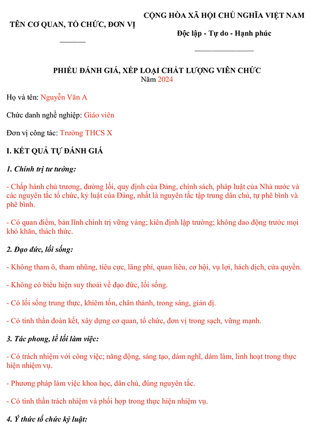Phiếu đánh giá xếp loại chất lượng viên chức năm 2024
