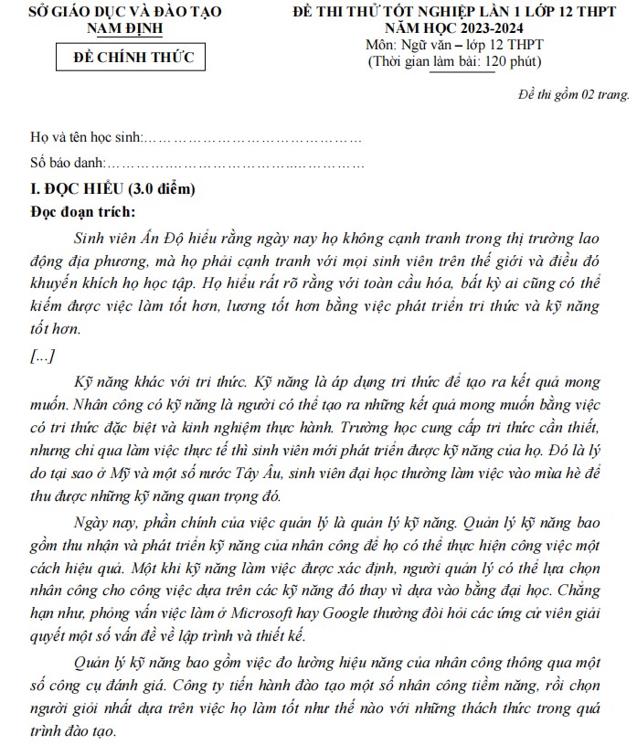 Đề thi thử tốt nghiệp Văn 2024 Nam Định