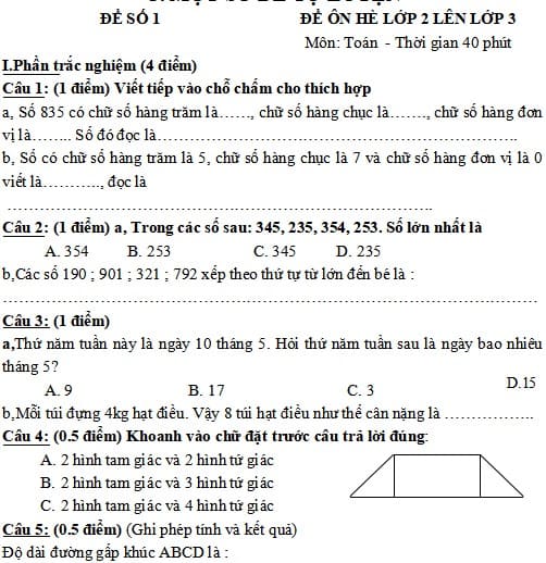 Bài tập ôn hè Toán lớp 2 lên lớp 3
