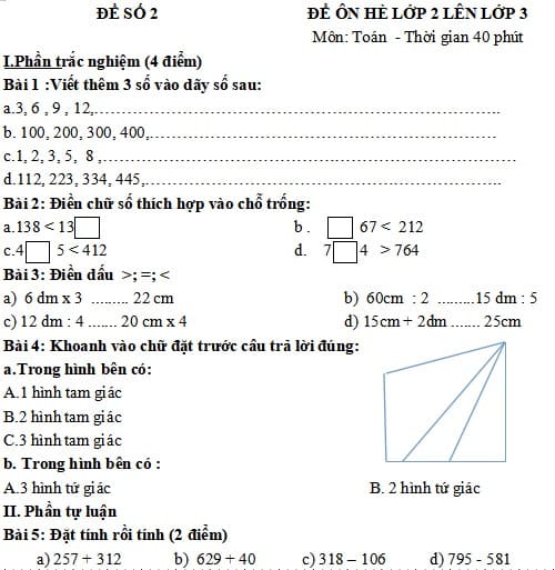 Tài liệu Ôn hè Toán lớp 2 lên lớp 3