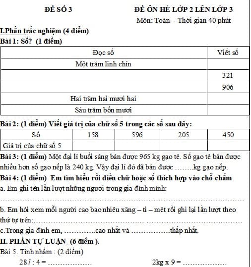 Đề ôn tập hè môn Toán lớp 2