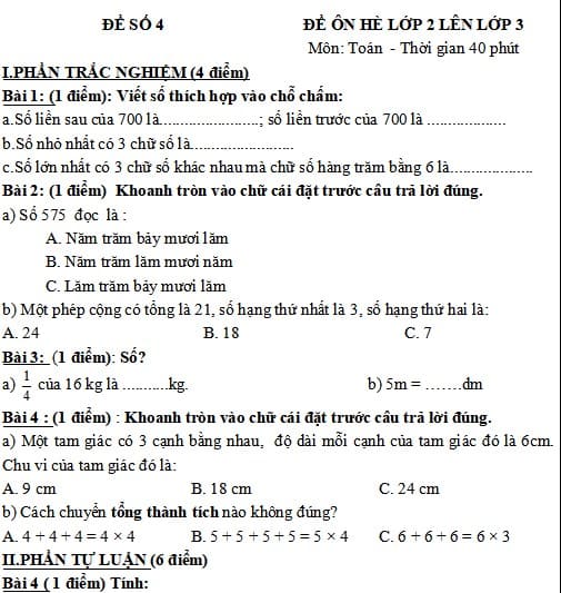 Đề ôn tập hè lớp 2 lên 3