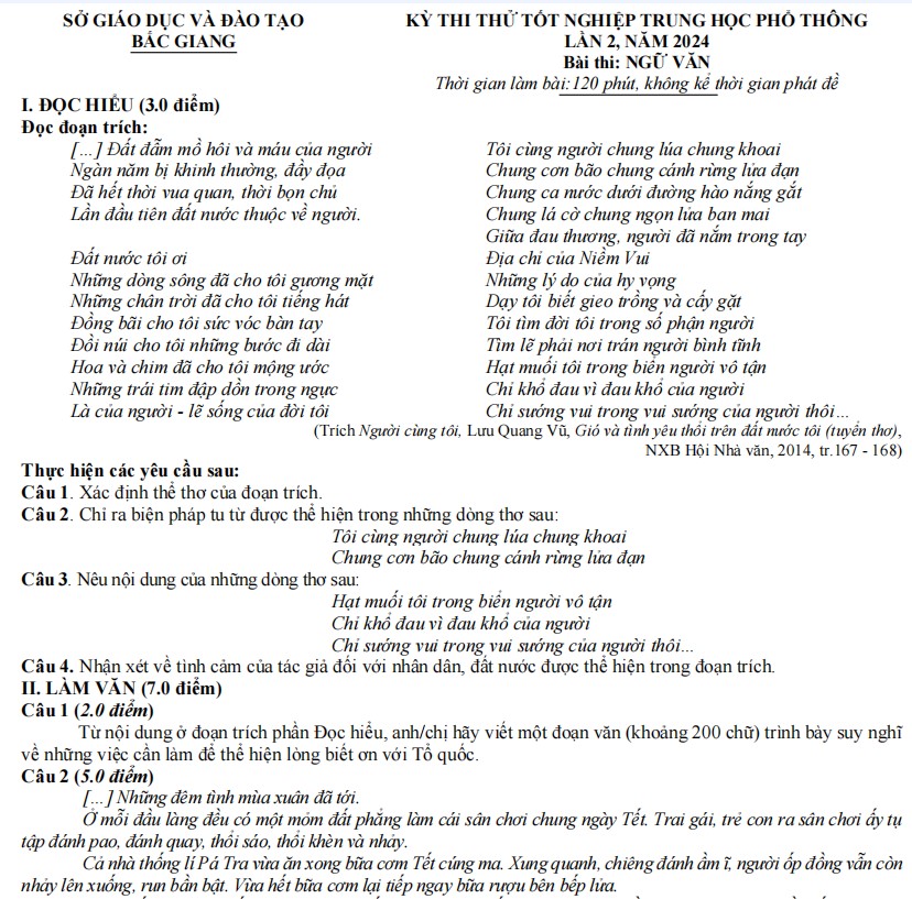 Đề thi thử THPT môn Văn Bắc Giang 2024