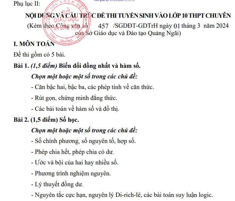 Cấu trúc đề thi tuyển sinh lớp 10 chuyên Quảng Ngãi 2024