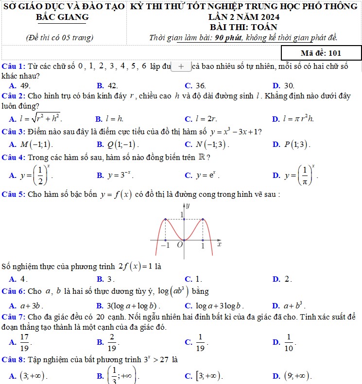 Đề thi thử THPT 2024 lần 2 môn Toán Bắc Giang