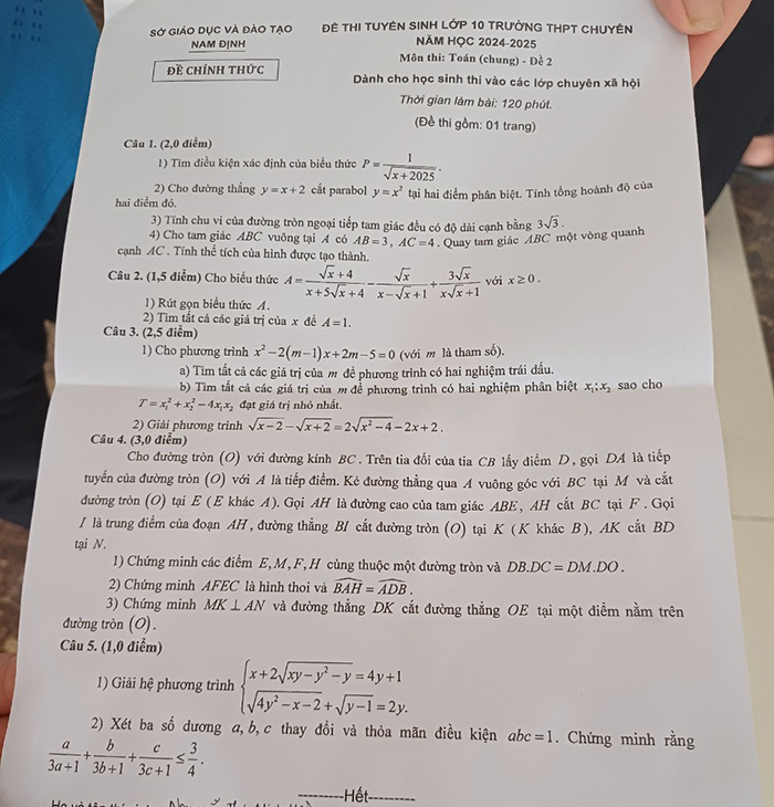 Đề thi Toán chung Lê Hồng Phong Nam Định 2024-2025