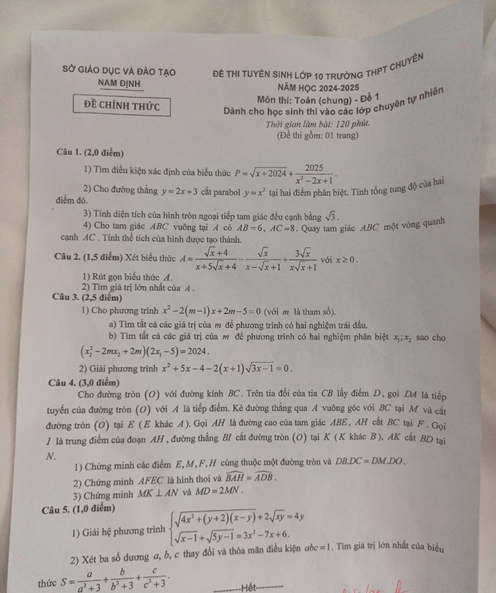 Đề thi Toán chung Lê Hồng Phong Nam Định 2024-2025