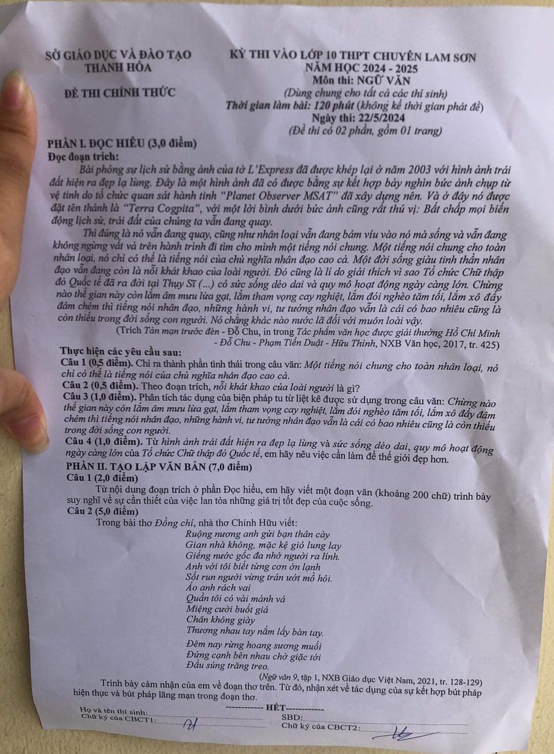 Đề thi vào 10 môn Văn chung chuyên Lam Sơn 2024