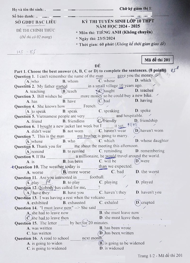 Đề thi môn Anh vào 10 Bạc Liêu 2024